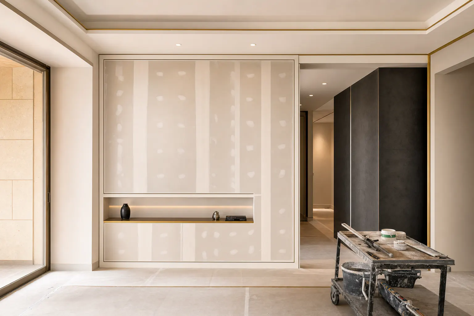 Interior contemporâneo com paredes e teto em pladur preparados para acabamento